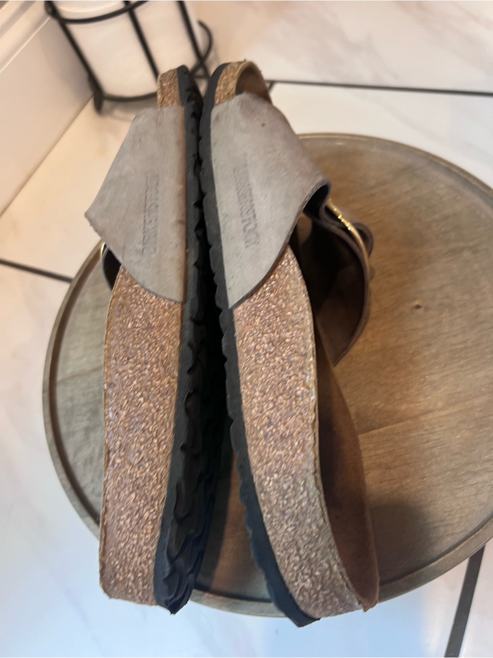 Birkenstock Single-Strap Suede Slides in Taupe with Gold Buckles - Picture 4 of 5